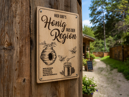 Holzschild „Hier gibt’s Honig aus der Region“ – Für Imker & Hofläden