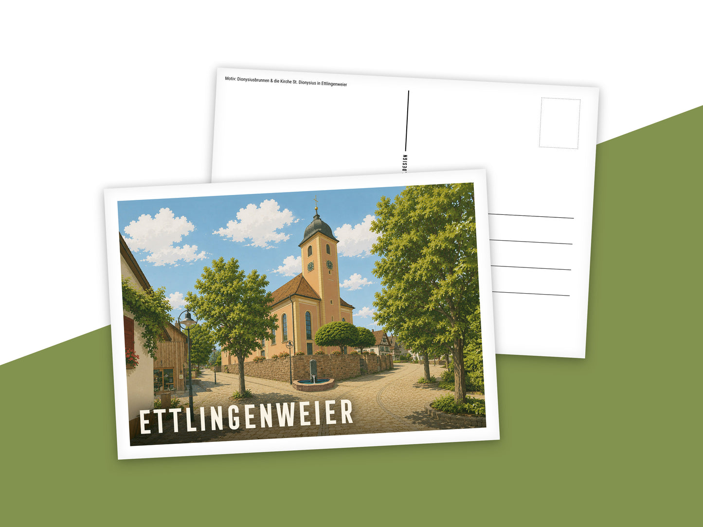 Heimatpostkarte: Ettlingenweier - Motiv: Dionysiusbrunnen & die Kirche St. Dionysius in Ettlingenweier