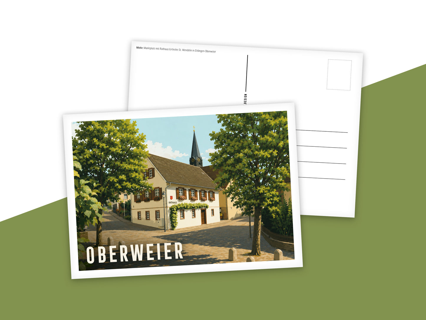 Heimatpostkarte: Oberweier - Motiv: Marktplatz mit Rathaus & Kirche St. Wendelin