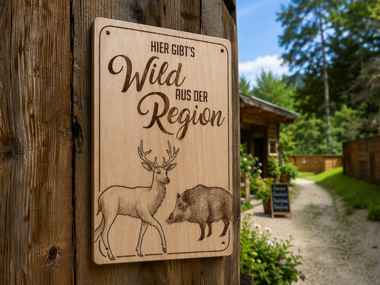 Holzschild „Hier gibt’s Wild aus der Region“ – Für Jäger, Metzger & Hofläden