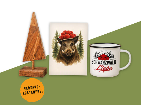 Schwarzwald Geschenkset – Handgemachte Geschenkidee mit Tannenbaum, Emaille-Tasse & Postkarte