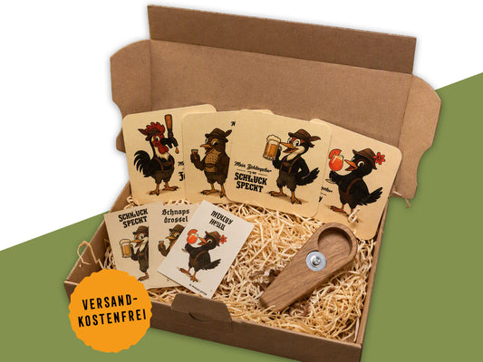 Geschenkset Party – Bierdeckel Bingo, Party-Sticker & handgemachter Flaschenöffner aus Holz