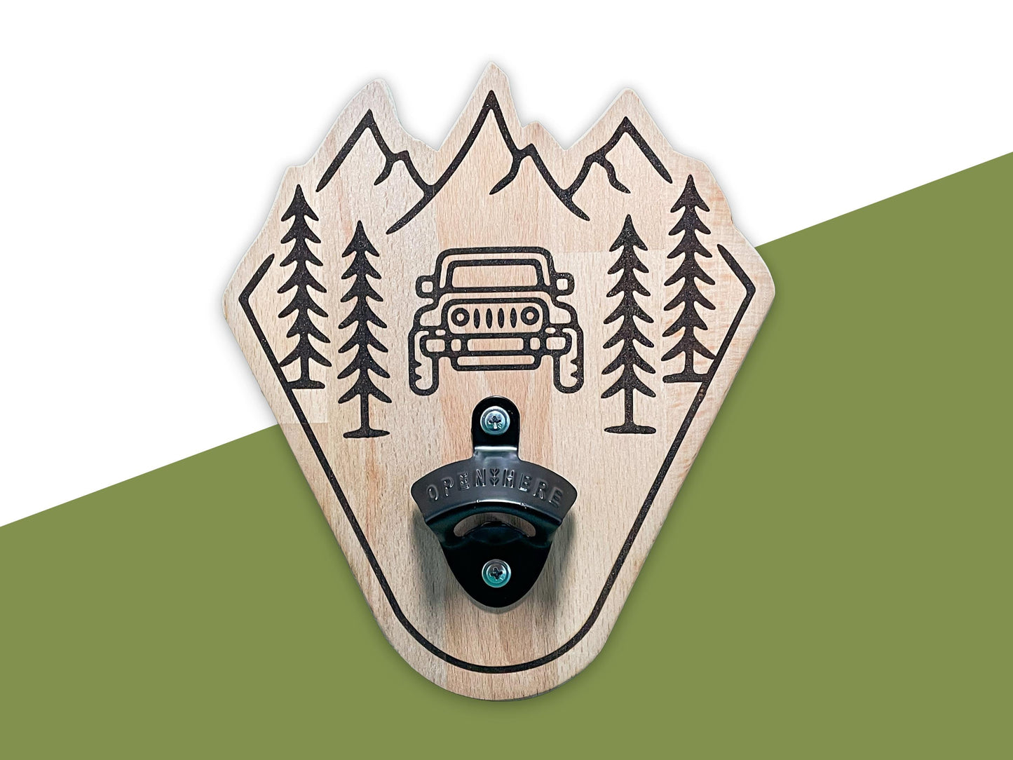 Magnetischer Flaschenöffner aus Holz – Jeeper & Camper Motiv