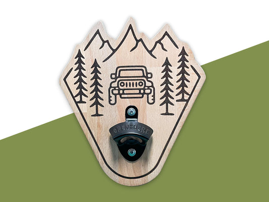 Magnetischer Flaschenöffner aus Holz – Jeeper & Camper Motiv