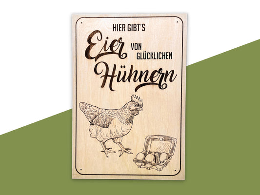 Holzschild „Hier gibt’s Eier von glücklichen Hühnern“ – Für Hühnerhalter, Landwirte & Hofläden