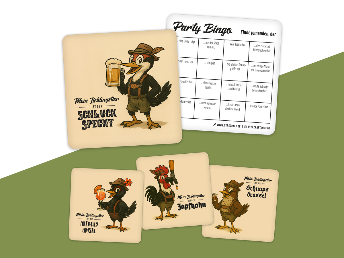 Geschenkset Party – Bierdeckel Bingo, Party-Sticker & handgemachter Flaschenöffner aus Holz