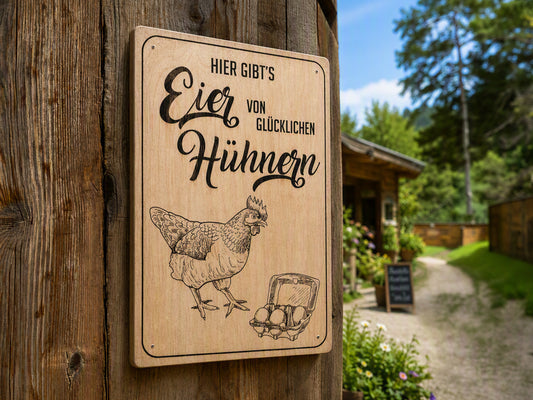Holzschild „Hier gibt’s Eier von glücklichen Hühnern“ – Für Hühnerhalter, Landwirte & Hofläden