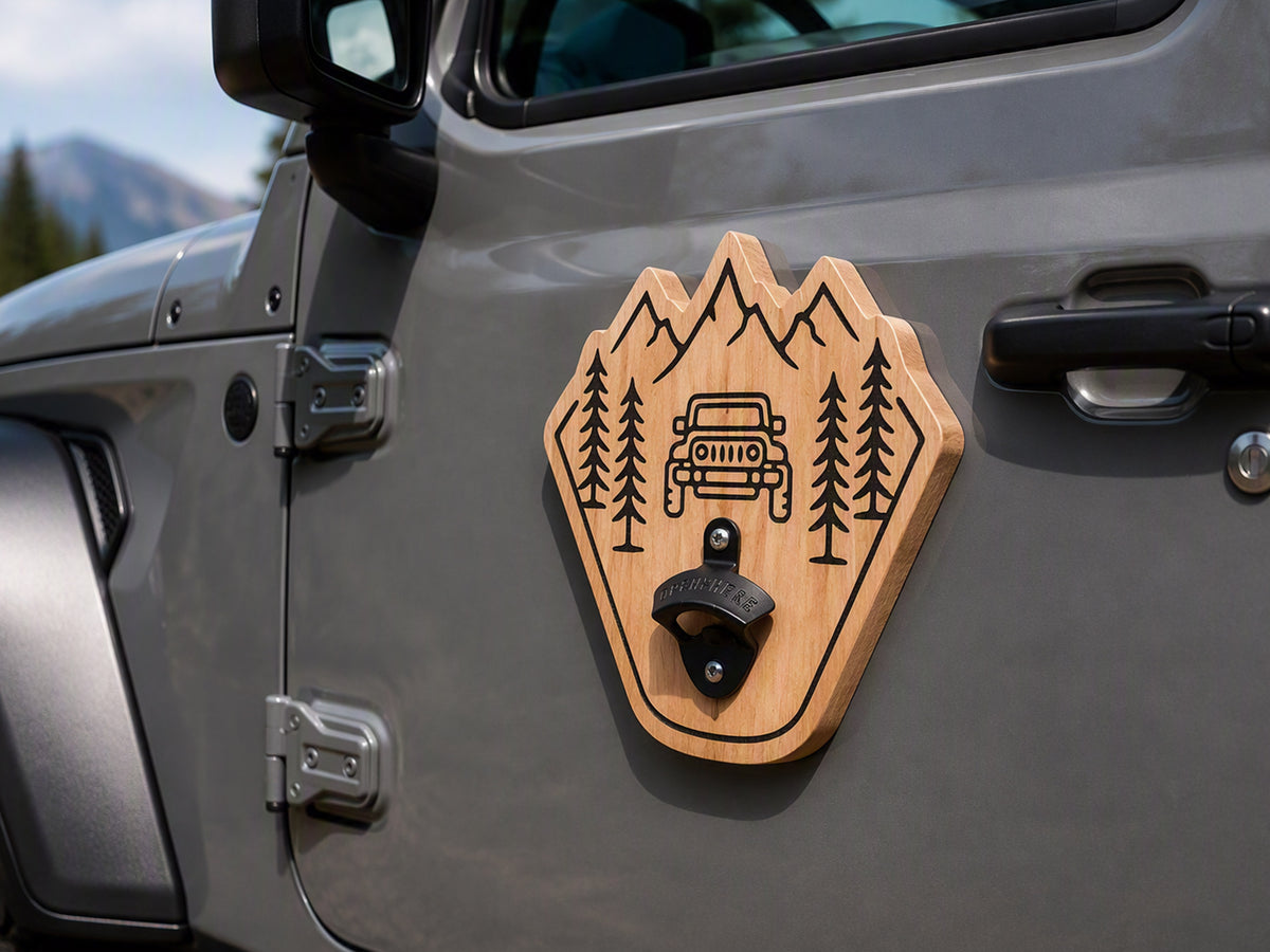 Magnetischer Flaschenöffner aus Holz – Jeeper & Camper Motiv