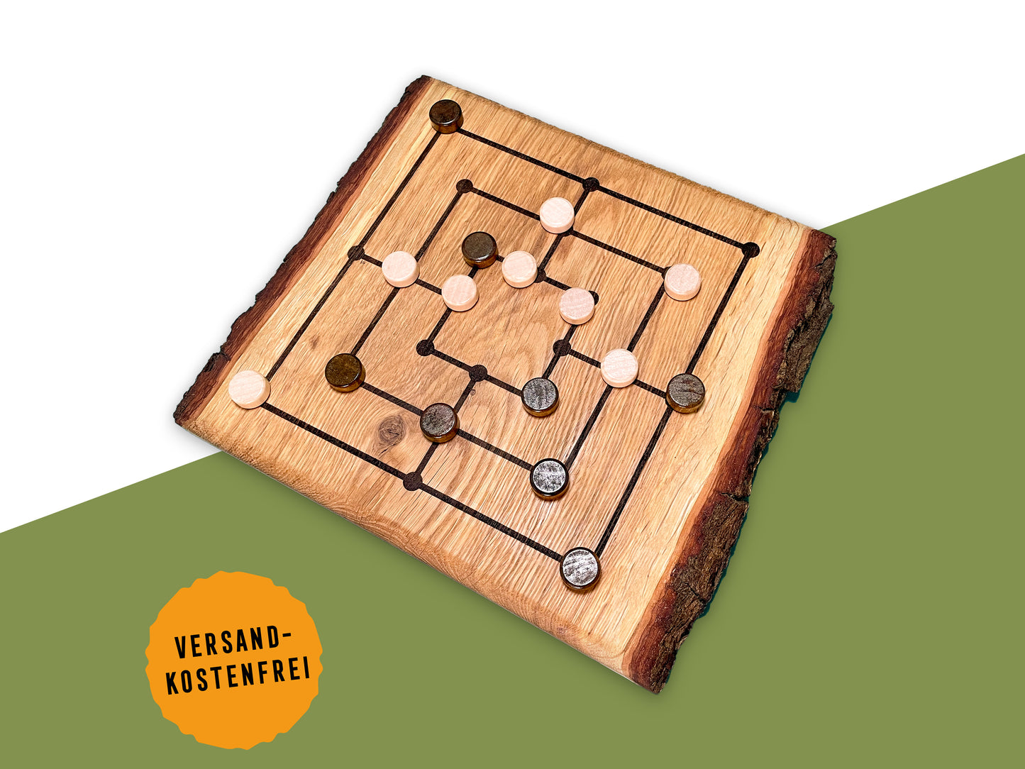 Rustikales Mühlebrett Eiche | Handgemachtes Mühlespiel mit Spielsteinen | Wohnaccessoire & Geschenkidee