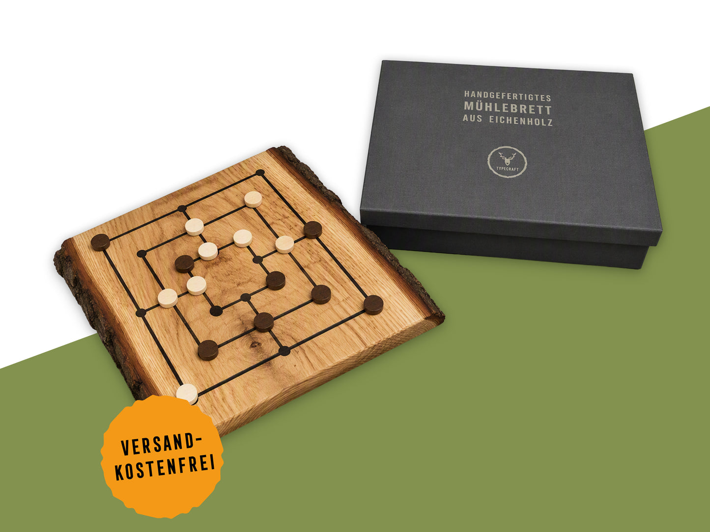 Rustikales Mühlebrett Eiche | Handgemachtes Mühlespiel mit Spielsteinen | Wohnaccessoire & Geschenkidee