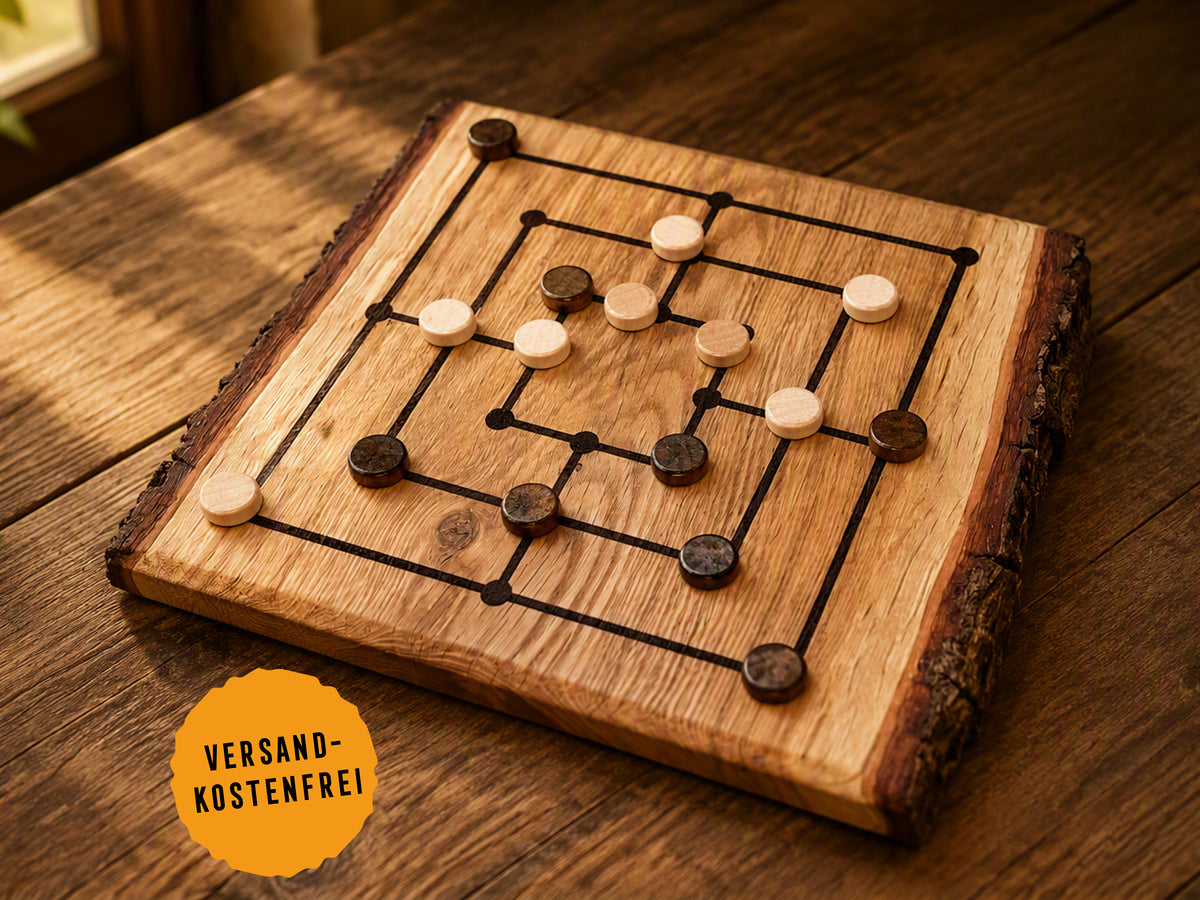 Rustikales Mühlebrett Eiche | Handgemachtes Mühlespiel mit Spielsteinen | Wohnaccessoire & Geschenkidee
