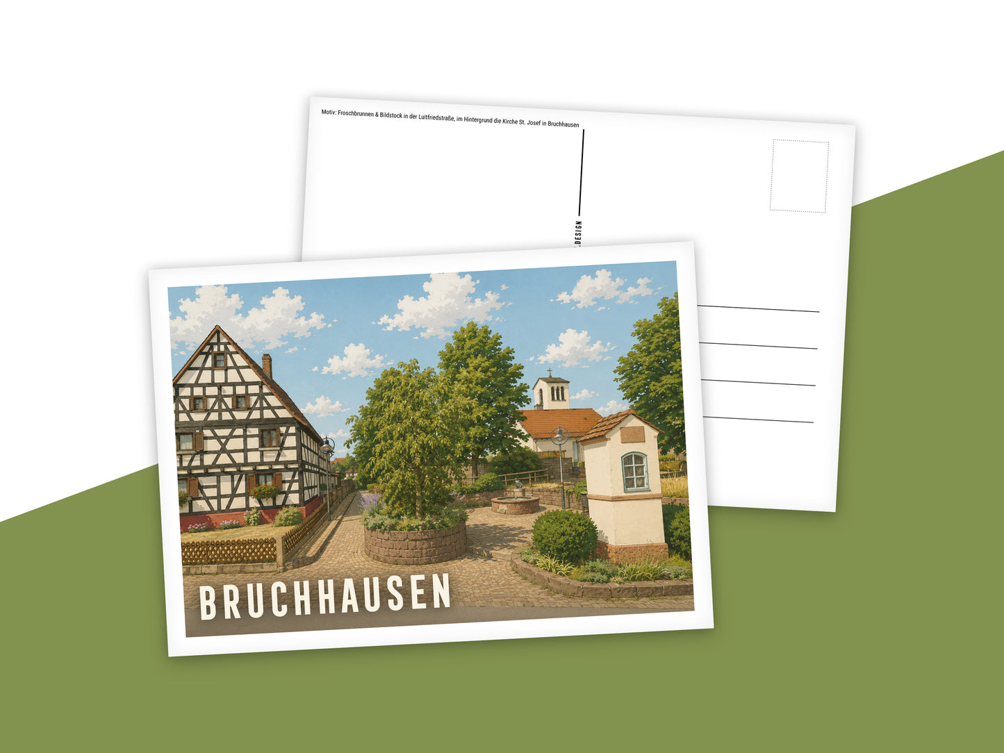 Heimatpostkarte: Bruchhausen - Motiv: Froschbrunnen & Bildstock in der Luitfriedstraße, im Hintergrund die Kirche St. Josef in Bruchhause