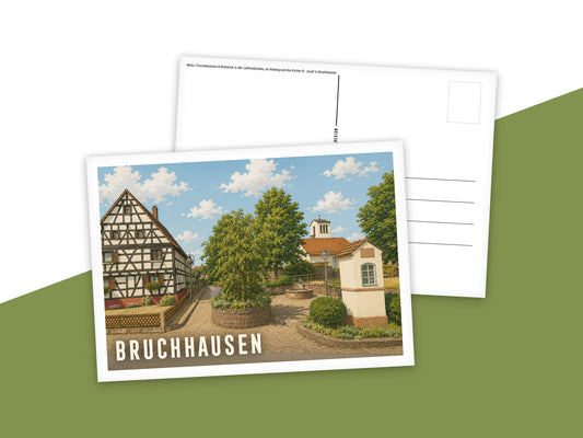 Heimatpostkarte: Bruchhausen - Motiv: Froschbrunnen & Bildstock in der Luitfriedstraße, im Hintergrund die Kirche St. Josef in Bruchhause