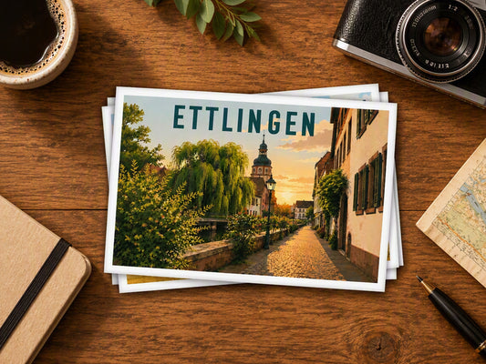 Heimatpostkarte: Ettlingen - Motiv: Albstraße mit Rathausturm