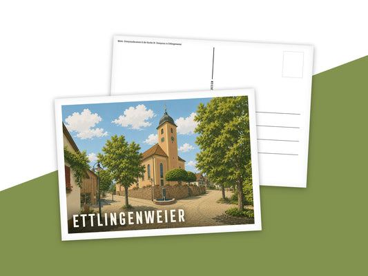 Heimatpostkarte: Ettlingenweier - Motiv: Dionysiusbrunnen & die Kirche St. Dionysius in Ettlingenweier