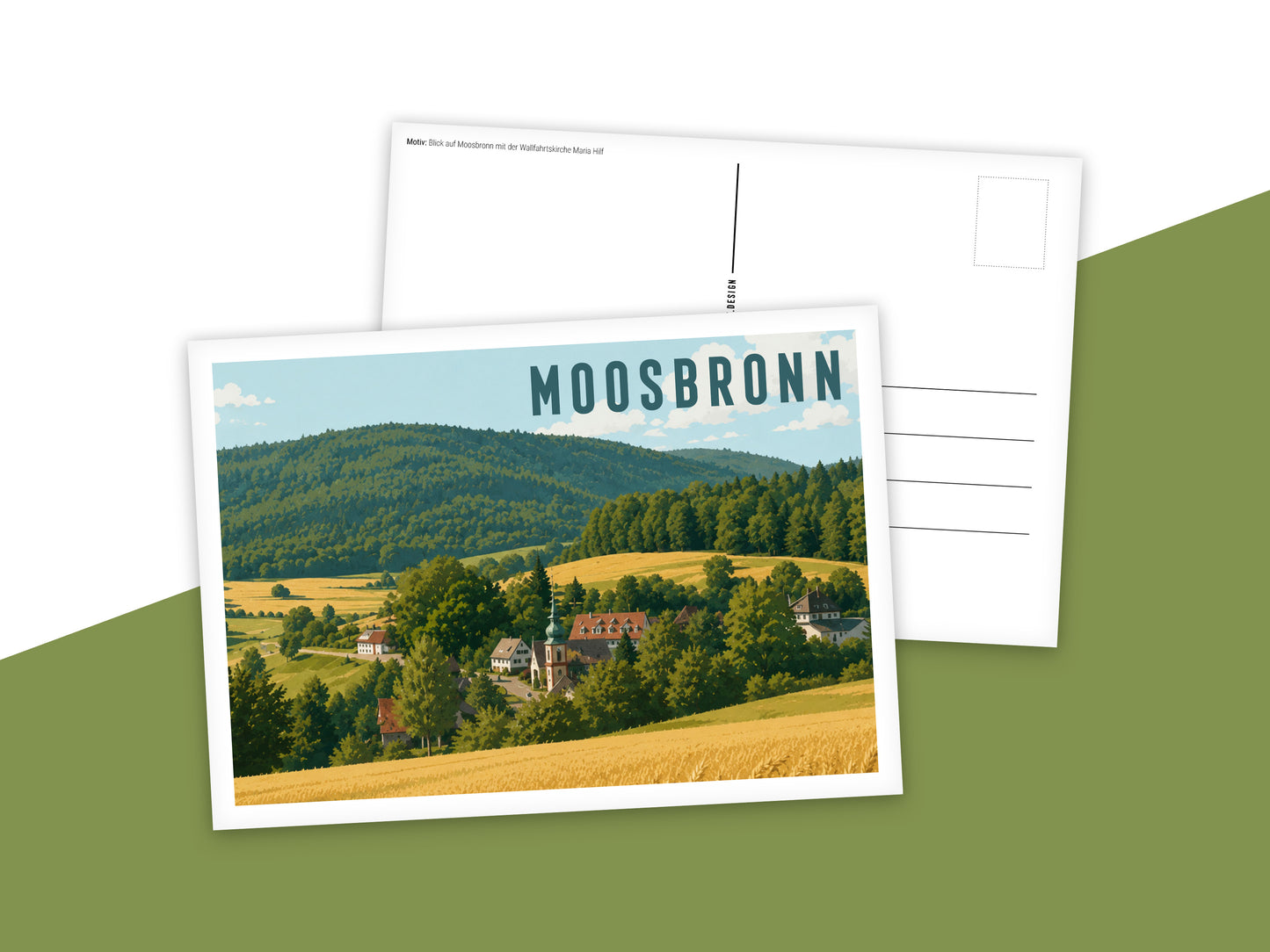 Heimatpostkarte: Moosbronn - Motiv: Blick auf Moosbronn mit der Wallfahrtskirche Maria Hilf
