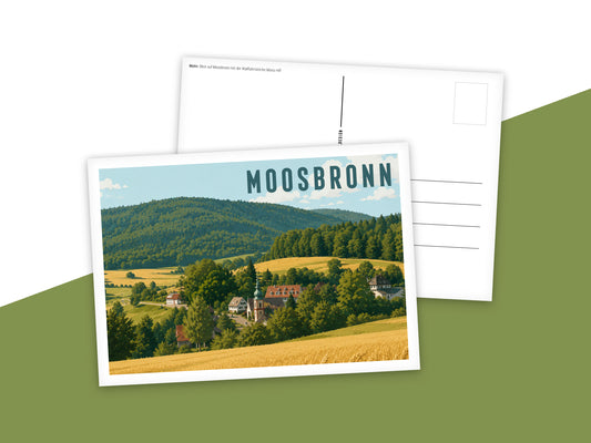 Heimatpostkarte: Moosbronn - Motiv: Blick auf Moosbronn mit der Wallfahrtskirche Maria Hilf