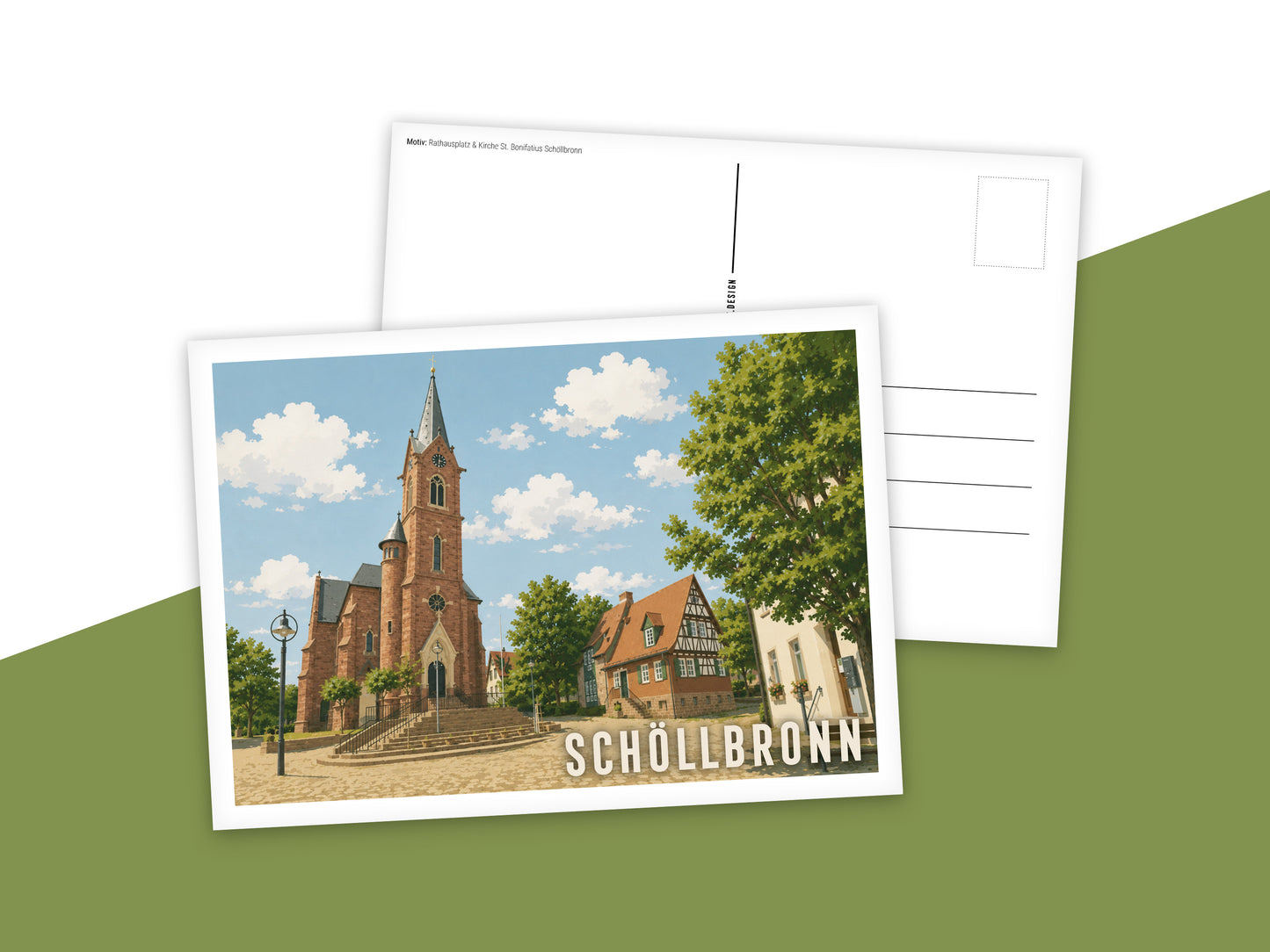 Heimatpostkarte: Schöllbronn - Motiv: Rathausplatz & Kirche St. Bonifatius