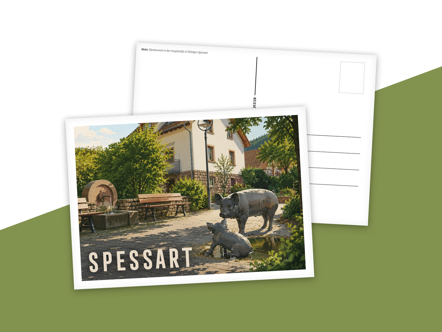 Heimatpostkarte: Spessart - Motiv: Eberbrunnen in der Hauptstraße in Ettlingen-Spessart