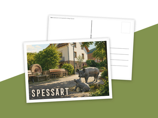 Heimatpostkarte: Spessart - Motiv: Eberbrunnen in der Hauptstraße in Ettlingen-Spessart
