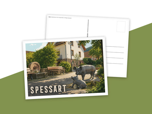 Heimatpostkarte: Spessart - Motiv: Eberbrunnen in der Hauptstraße in Ettlingen-Spessart