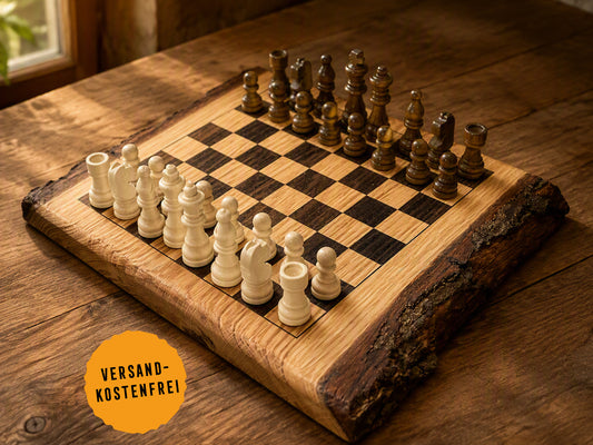 Rustikales Schachbrett Eiche | Handgemachtes Schachspiel mit Figuren | Wohnaccessoire & Geschenkidee