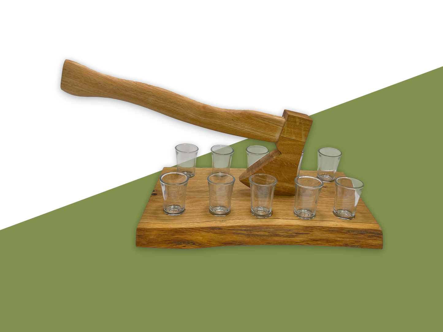 SchnAXTbrett – Handgefertigtes Schnapsbrett aus Eichenholz mit Baumkante