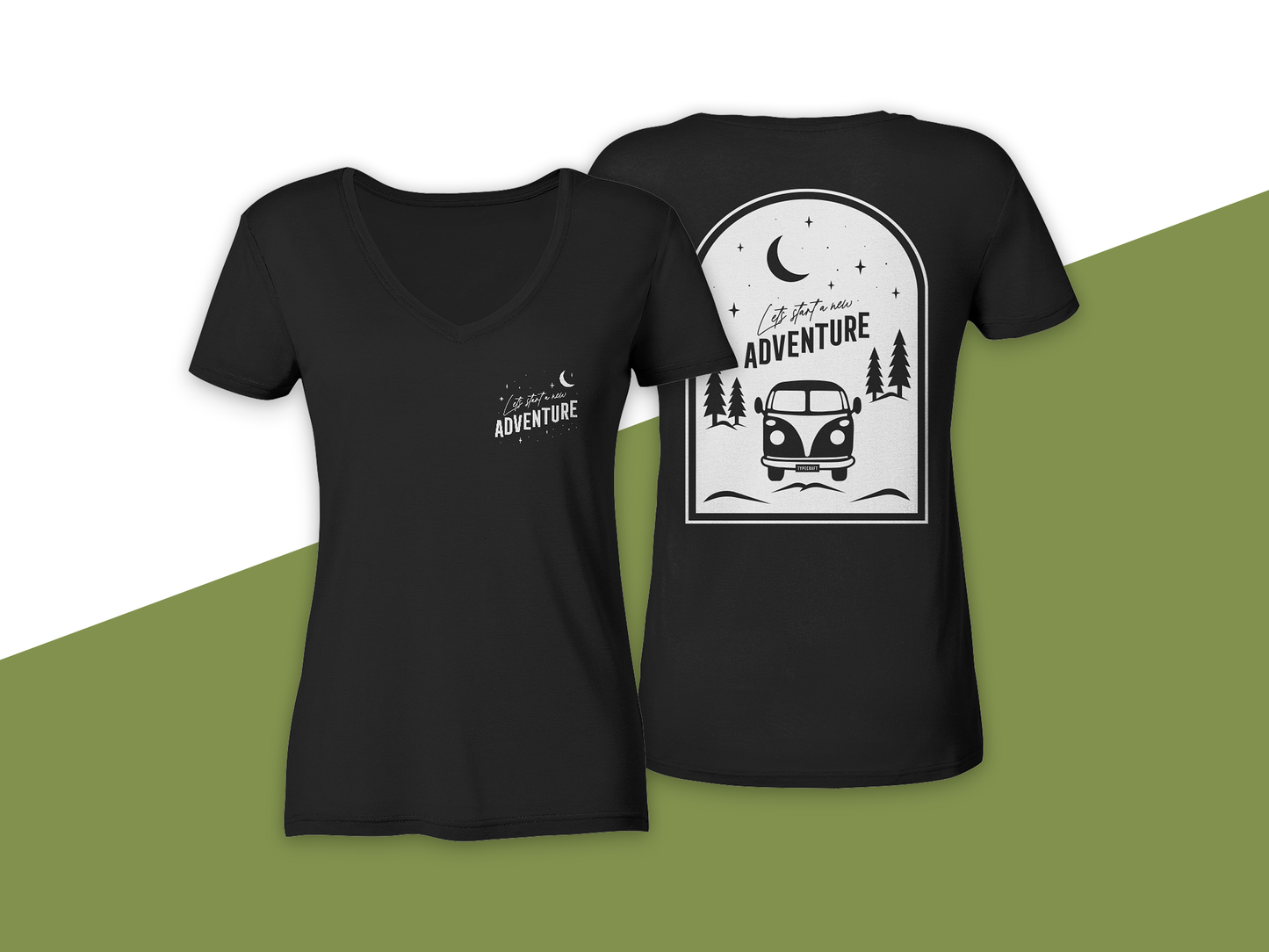 Ladies V-Neck Shirt „Let’s Start a New Adventure – Camping“