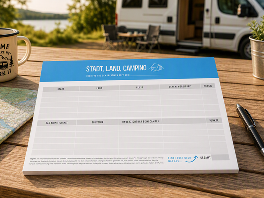 Spieleblock „Stadt, Land, Camping“ – Das kreative Camping-Spiel für unterwegs