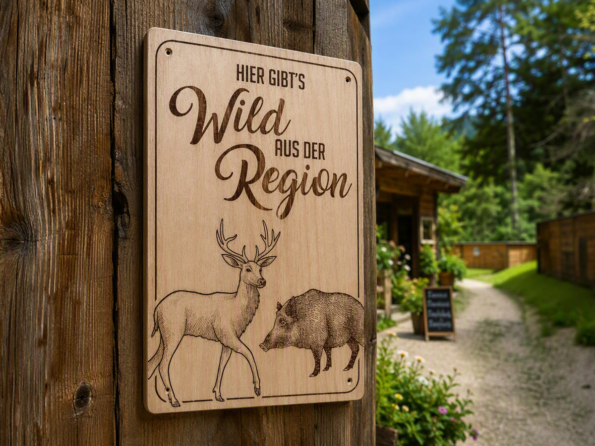 Holzschild „Hier gibt’s Wild aus der Region“ – Für Jäger, Metzger & Hofläden