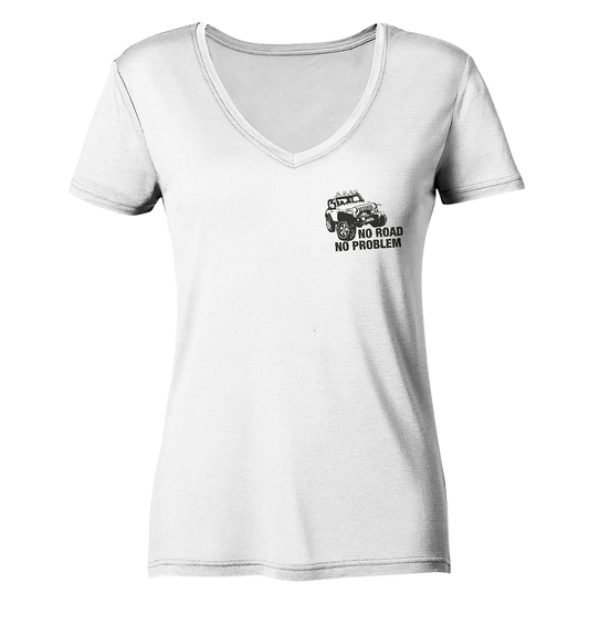 Organic Ladies V-Neck Shirt – „No road, No problem“ für Offroad & Jeep Girls