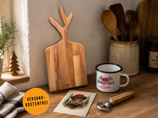 Schwarzwald Geschenkset – Handgemachte Geschenkidee mit Schneidebrett, Emaille-Tasse & Flaschenöffner
