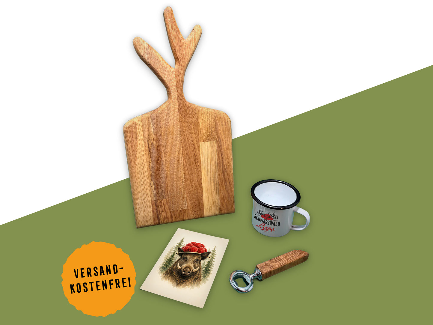 Schwarzwald Geschenkset – Handgemachte Geschenkidee mit Schneidebrett, Emaille-Tasse &amp; Flaschenöffner