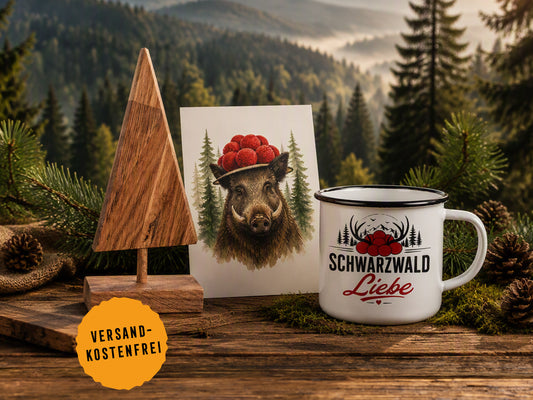 Schwarzwald Geschenkset – Handgemachte Geschenkidee mit Tannenbaum, Emaille-Tasse & Postkarte