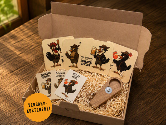 Geschenkset Party – Bierdeckel Bingo, Party-Sticker & handgemachter Flaschenöffner aus Holz